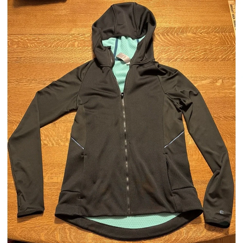Woman's Champion C9 Hooded Waffle Fleece Lined Athletic Jacket Medium Black/Teal